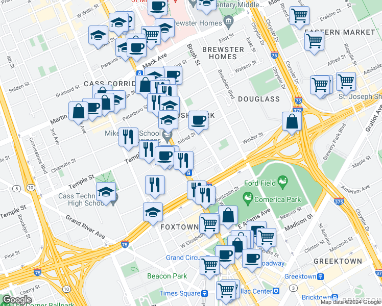 map of restaurants, bars, coffee shops, grocery stores, and more near 45 Adelaide Street in Detroit