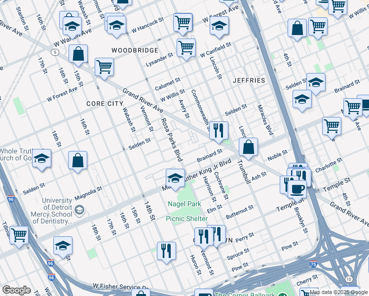 map of restaurants, bars, coffee shops, grocery stores, and more near 1830 Magnolia Street in Detroit
