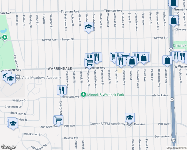 map of restaurants, bars, coffee shops, grocery stores, and more near 6866 Grandville Avenue in Detroit