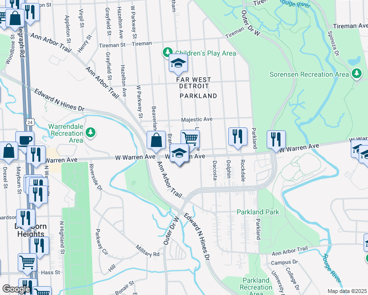 map of restaurants, bars, coffee shops, grocery stores, and more near 22530 West Warren Avenue in Redford Charter Township