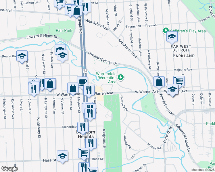map of restaurants, bars, coffee shops, grocery stores, and more near 23600 West Warren Street in Dearborn Heights