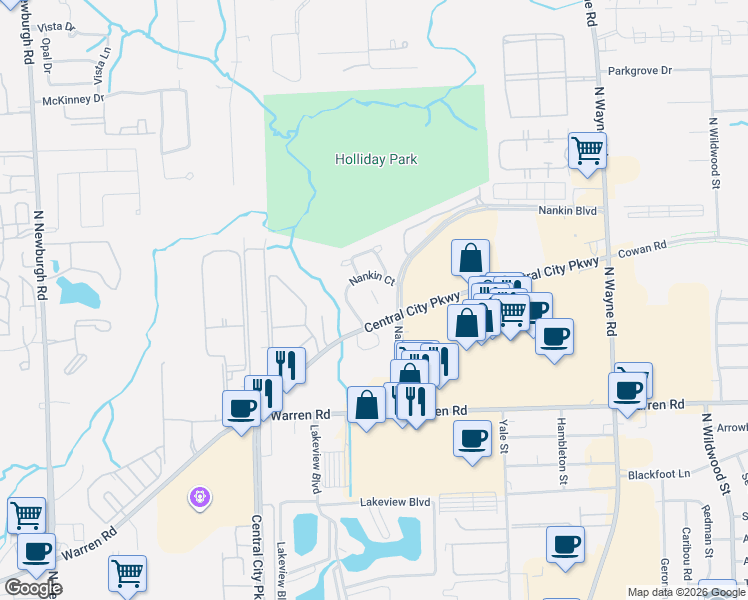 map of restaurants, bars, coffee shops, grocery stores, and more near 7600 Nankin Court in Westland