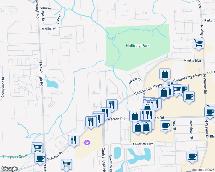 map of restaurants, bars, coffee shops, grocery stores, and more near 7362 Manor Circle in Westland