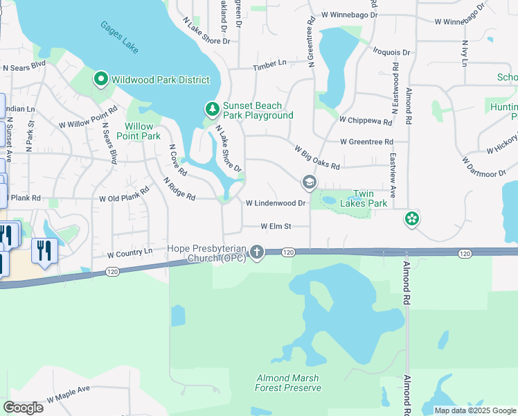 map of restaurants, bars, coffee shops, grocery stores, and more near 18197 West Lindenwood Drive in Grayslake