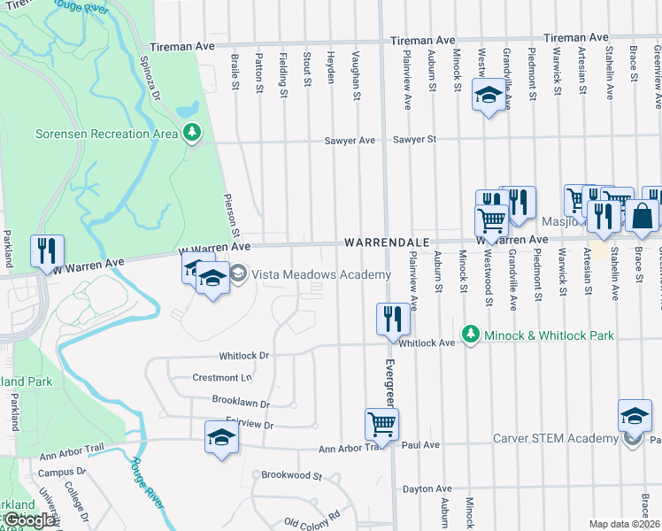map of restaurants, bars, coffee shops, grocery stores, and more near 6885 Heyden in Dearborn Heights