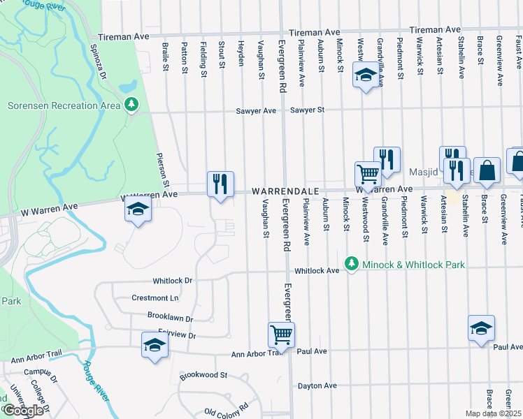 map of restaurants, bars, coffee shops, grocery stores, and more near 6872 Vaughan Street in Detroit