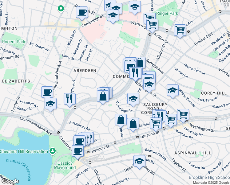 map of restaurants, bars, coffee shops, grocery stores, and more near 1665 Commonwealth Avenue in Boston