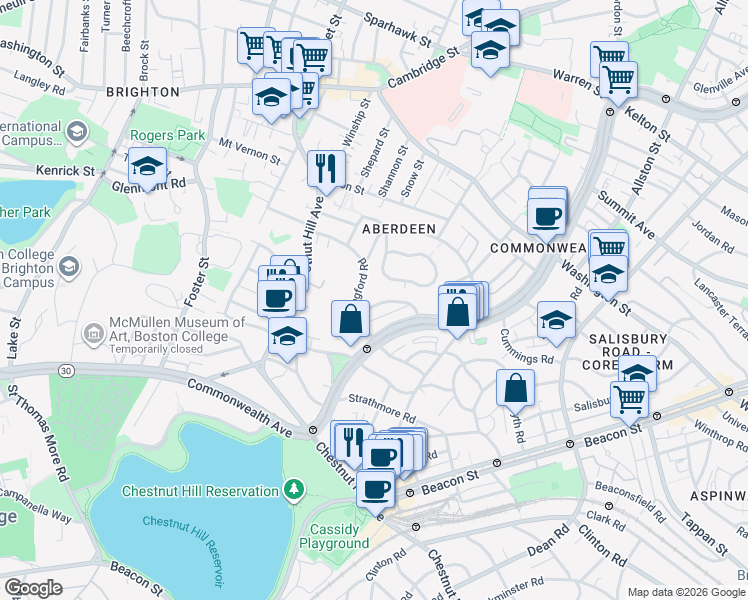 map of restaurants, bars, coffee shops, grocery stores, and more near 51 Leamington Road in Boston