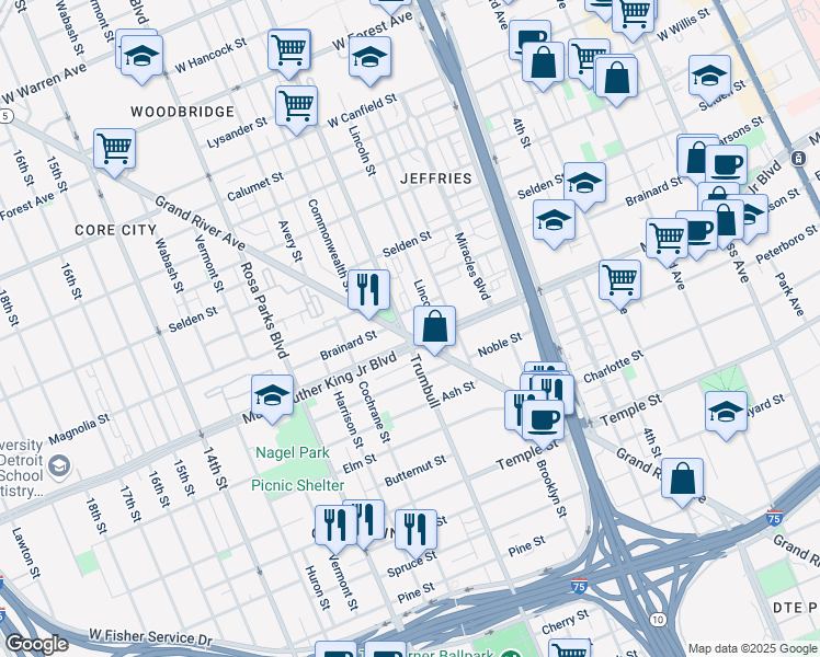 map of restaurants, bars, coffee shops, grocery stores, and more near 3530 Trumbull in Detroit