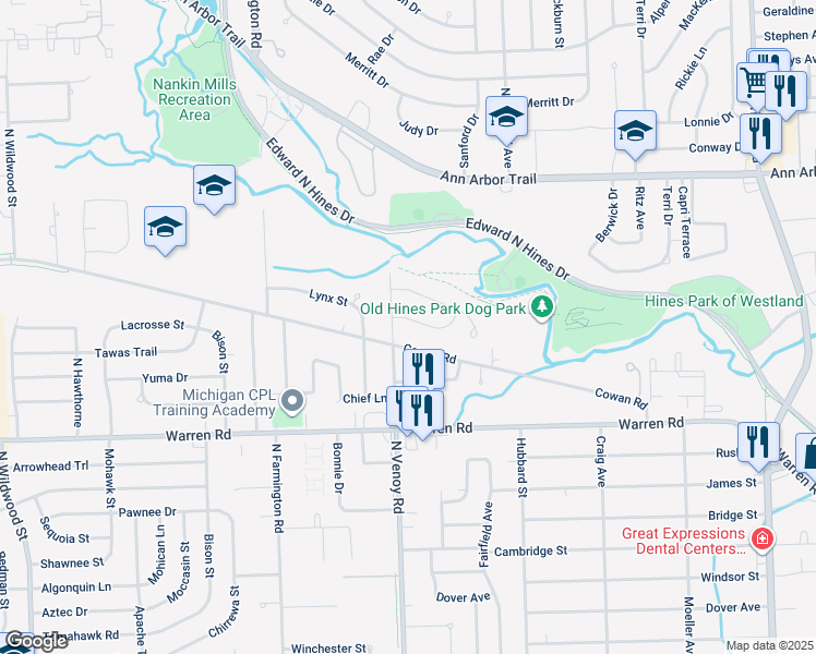 map of restaurants, bars, coffee shops, grocery stores, and more near 7510 North Venoy Road in Westland