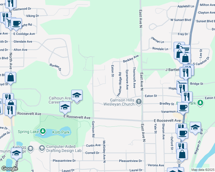 map of restaurants, bars, coffee shops, grocery stores, and more near 570 Limewood Drive in Battle Creek
