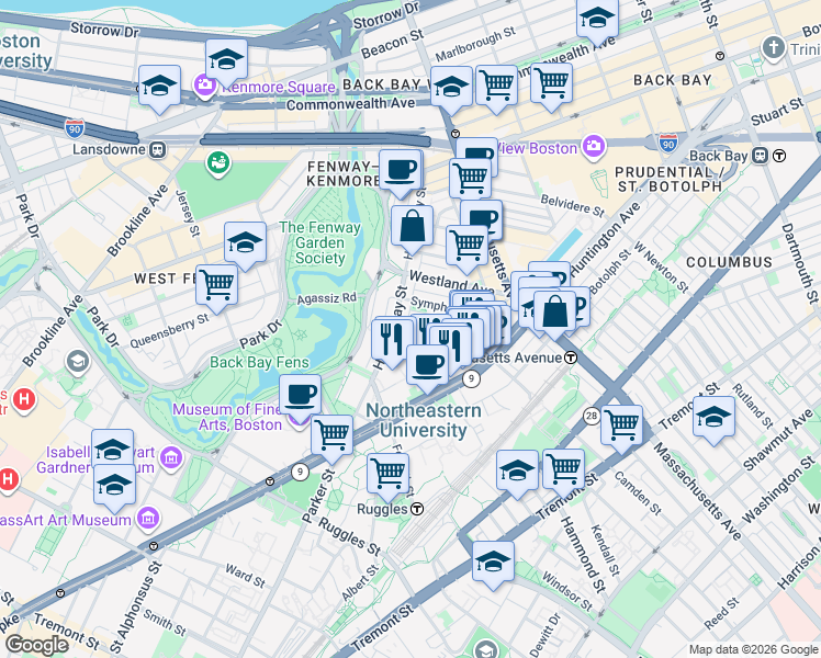 map of restaurants, bars, coffee shops, grocery stores, and more near 76 Gainsborough Street in Boston
