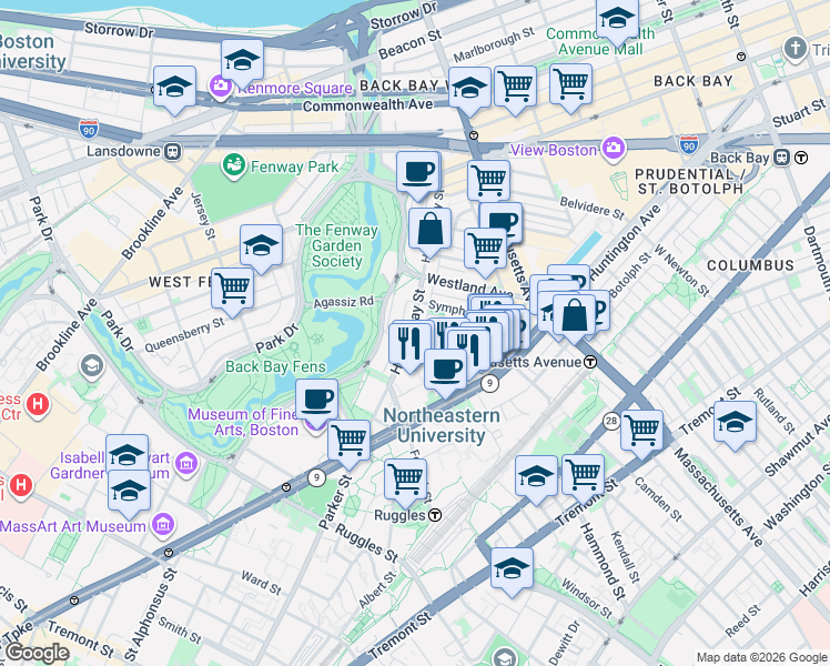 map of restaurants, bars, coffee shops, grocery stores, and more near 76 Gainsborough Street in Boston