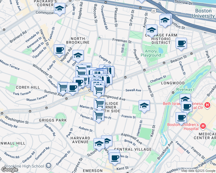 map of restaurants, bars, coffee shops, grocery stores, and more near in Brookline