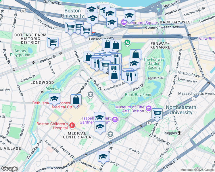 map of restaurants, bars, coffee shops, grocery stores, and more near 105 Queensberry Street in Boston