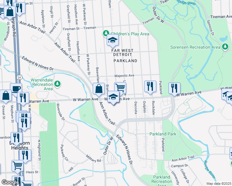 map of restaurants, bars, coffee shops, grocery stores, and more near 22530 West Warren Avenue in Redford Charter Township