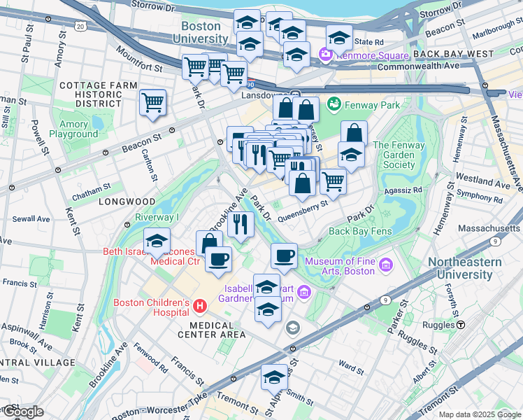 map of restaurants, bars, coffee shops, grocery stores, and more near 231 Park Drive in Boston
