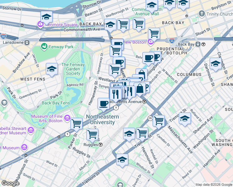 map of restaurants, bars, coffee shops, grocery stores, and more near 52 Gainsborough Street in Boston