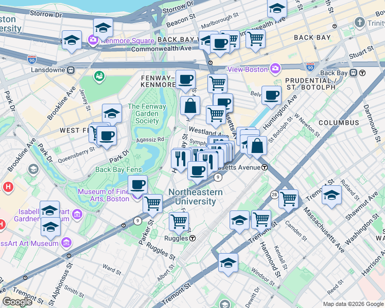 map of restaurants, bars, coffee shops, grocery stores, and more near 102 Gainsborough Street in Boston