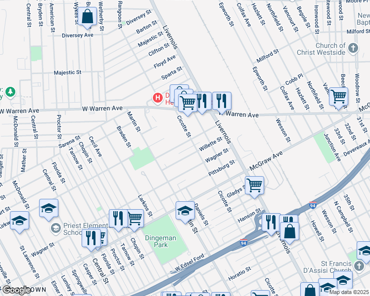 map of restaurants, bars, coffee shops, grocery stores, and more near 6574 Willette Street in Detroit