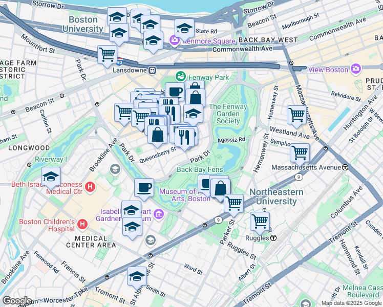 map of restaurants, bars, coffee shops, grocery stores, and more near 111 Park Drive in Boston