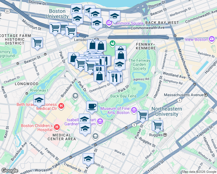 map of restaurants, bars, coffee shops, grocery stores, and more near 58 Queensberry Street in Boston