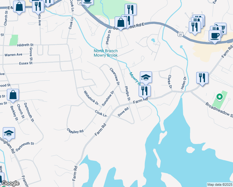 map of restaurants, bars, coffee shops, grocery stores, and more near 25 Birchwood Drive in Marlborough