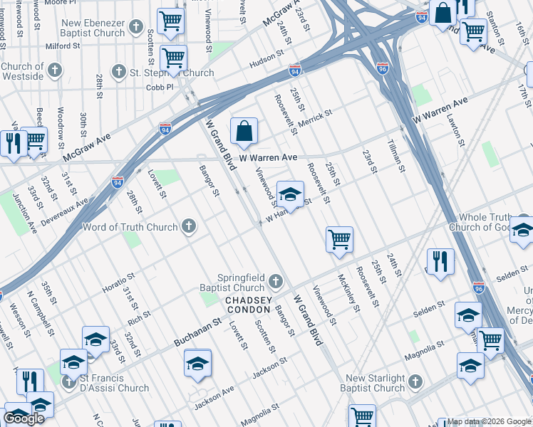 map of restaurants, bars, coffee shops, grocery stores, and more near 1428 W Grand Blvd in Detroit