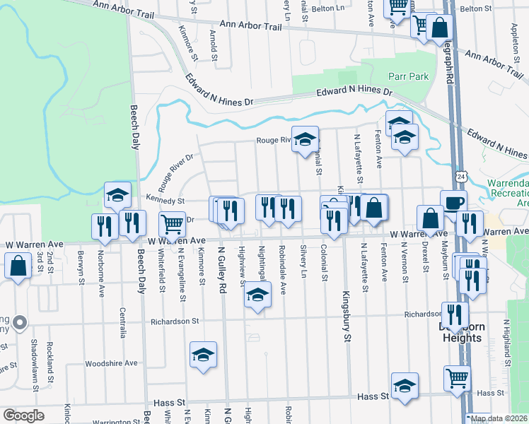 map of restaurants, bars, coffee shops, grocery stores, and more near 7280 Nightingale Street in Dearborn Heights