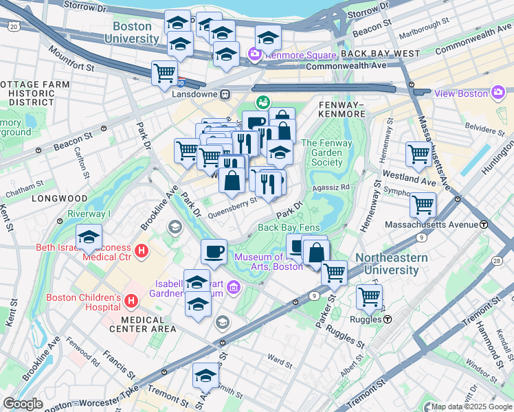 map of restaurants, bars, coffee shops, grocery stores, and more near 58 Queensberry Street in Boston