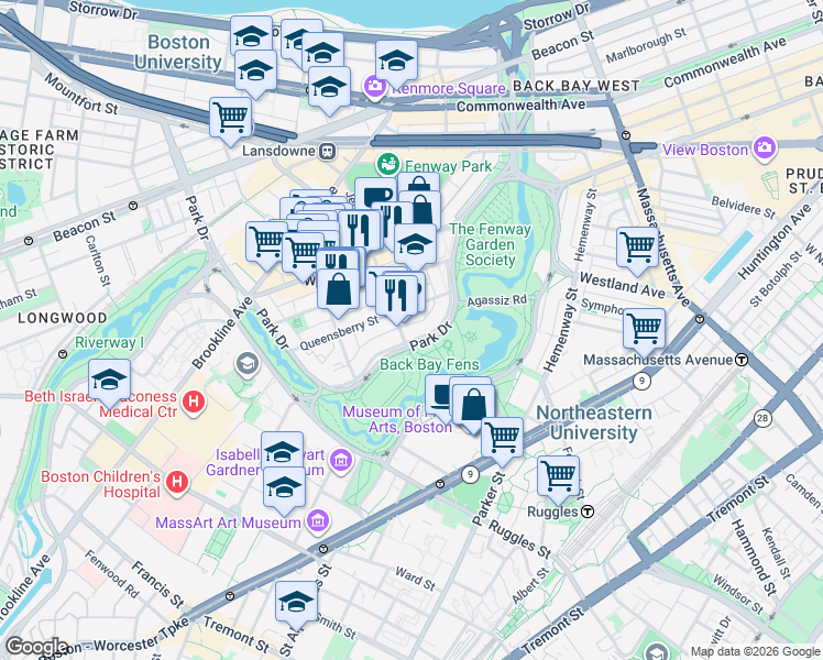map of restaurants, bars, coffee shops, grocery stores, and more near 89 Park Drive in Boston