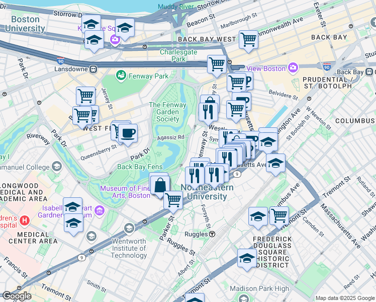 map of restaurants, bars, coffee shops, grocery stores, and more near 143 Hemenway Street in Boston