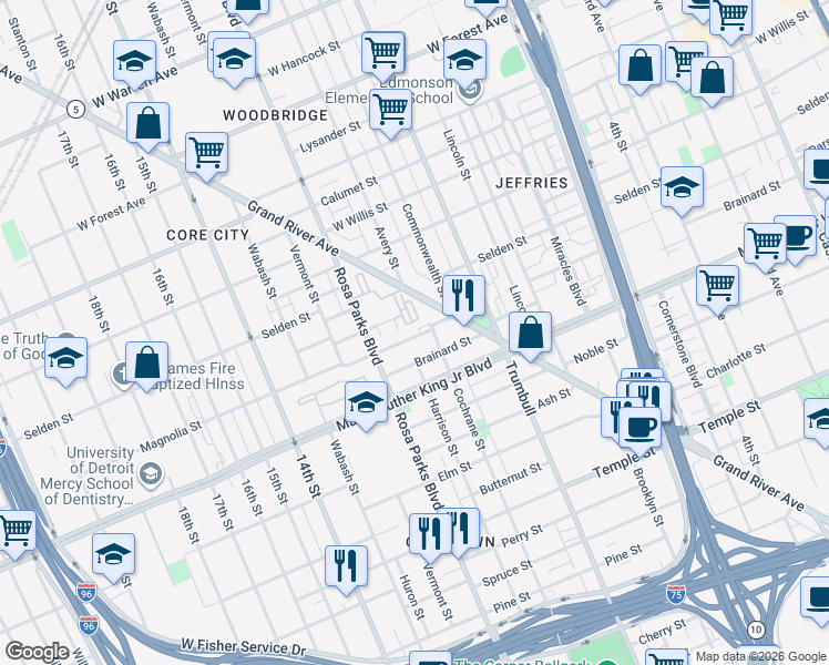 map of restaurants, bars, coffee shops, grocery stores, and more near 1730 Magnolia Street in Detroit