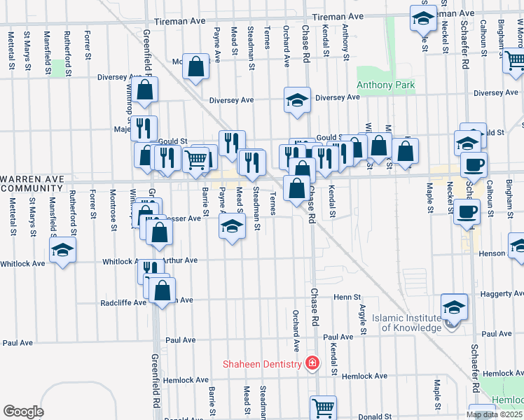 map of restaurants, bars, coffee shops, grocery stores, and more near 6955 Steadman Street in Dearborn