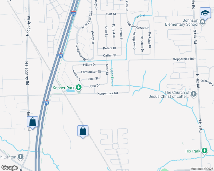 map of restaurants, bars, coffee shops, grocery stores, and more near 39647 John Drive in Canton