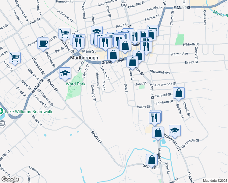 map of restaurants, bars, coffee shops, grocery stores, and more near 14 Adams Street in Marlborough