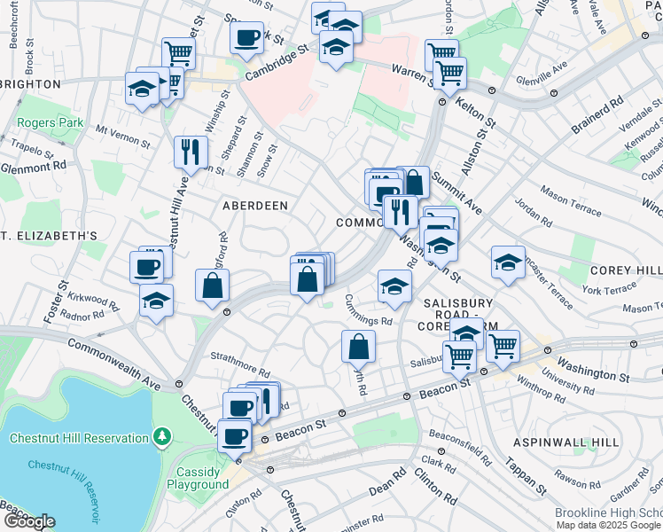 map of restaurants, bars, coffee shops, grocery stores, and more near 1691 Commonwealth Avenue in Boston