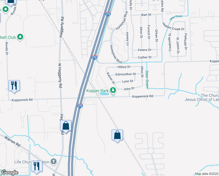 map of restaurants, bars, coffee shops, grocery stores, and more near 7710 Shaw Lane in Wayne County