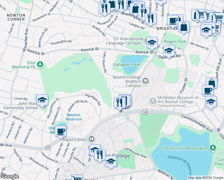 map of restaurants, bars, coffee shops, grocery stores, and more near 58 Undine Road in Boston