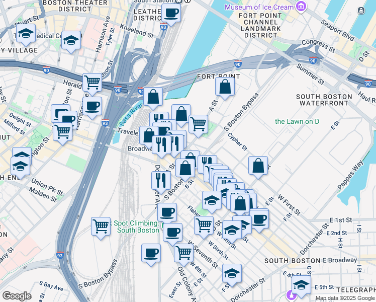 map of restaurants, bars, coffee shops, grocery stores, and more near 69 Athens Street in Boston