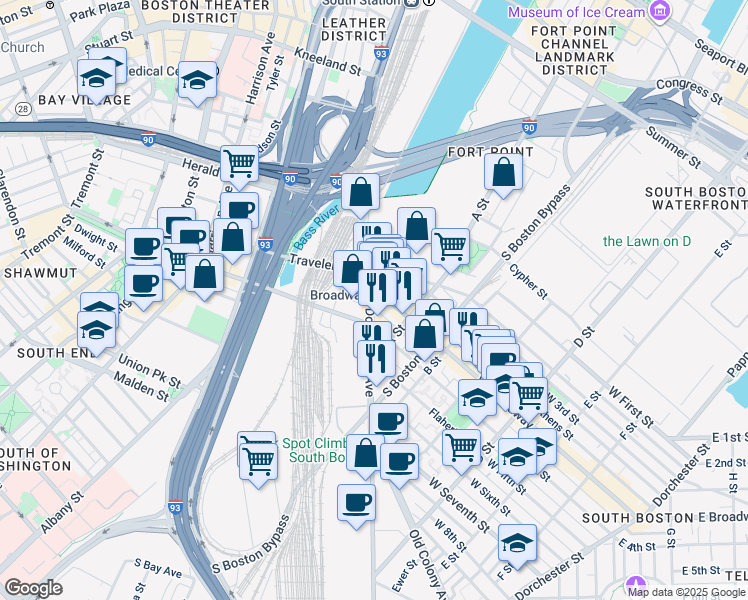 map of restaurants, bars, coffee shops, grocery stores, and more near 45 West Broadway in Boston
