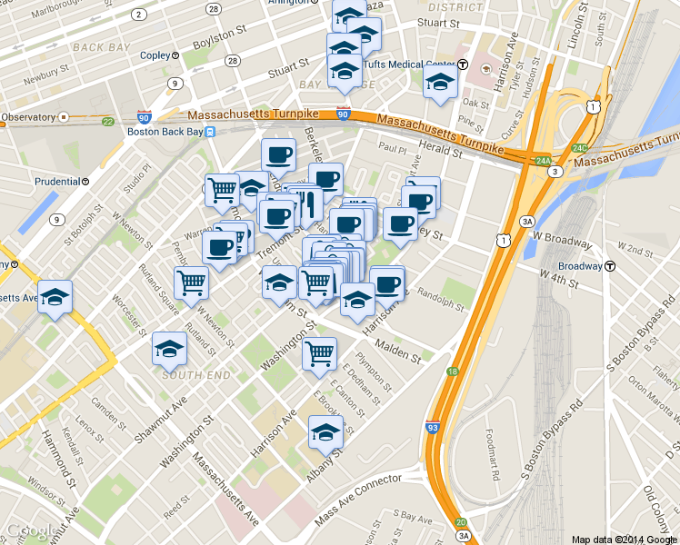 map of restaurants, bars, coffee shops, grocery stores, and more near in Boston