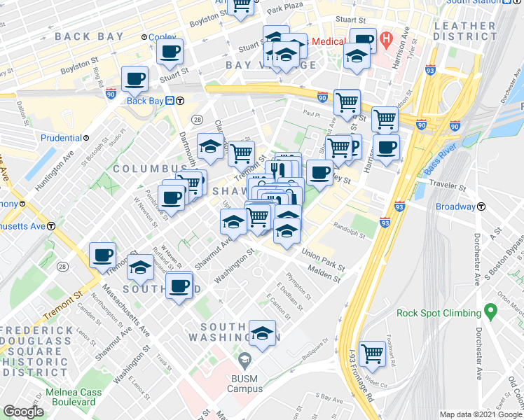map of restaurants, bars, coffee shops, grocery stores, and more near in Boston