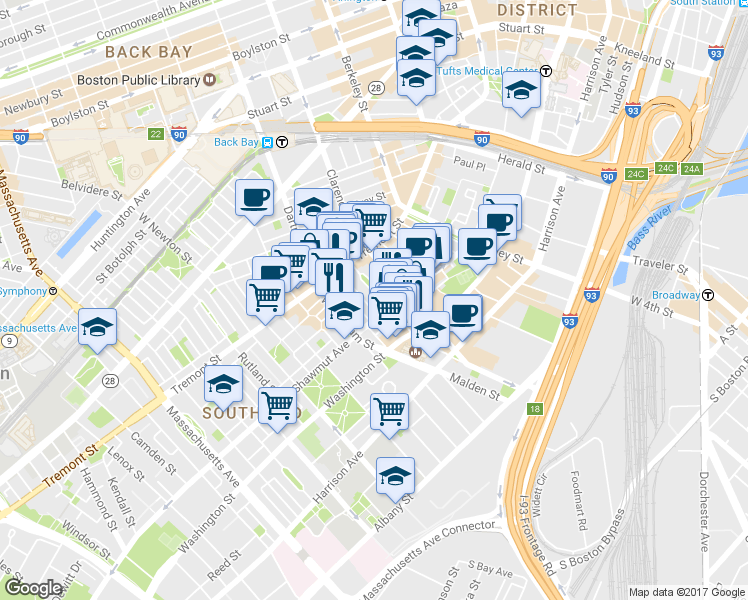 map of restaurants, bars, coffee shops, grocery stores, and more near 7 Upton Street in Boston