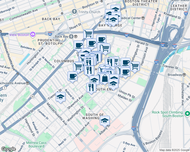 map of restaurants, bars, coffee shops, grocery stores, and more near 7 Upton Street in Boston