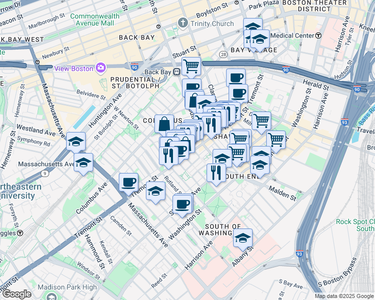map of restaurants, bars, coffee shops, grocery stores, and more near 638 Tremont Street in Boston