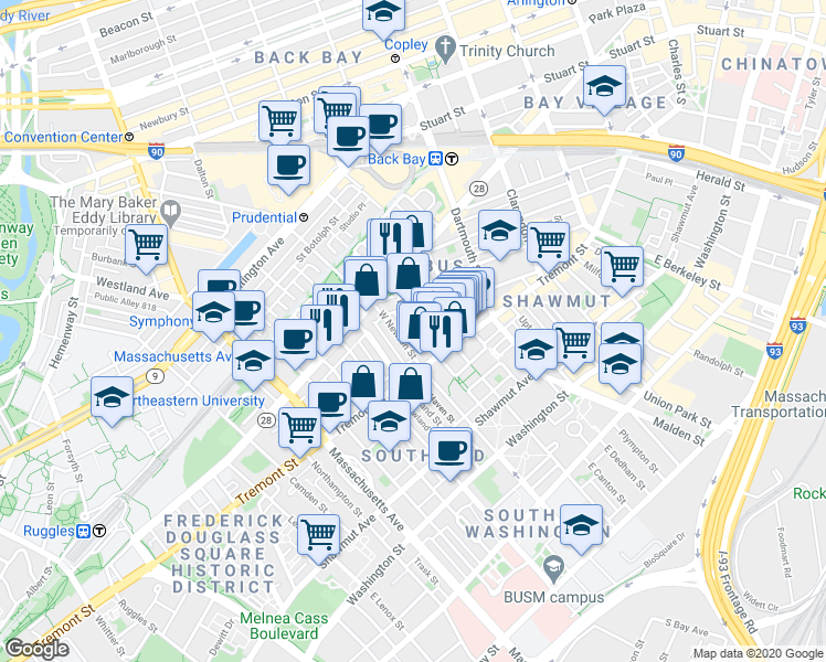 map of restaurants, bars, coffee shops, grocery stores, and more near 136 West Newton Street in Boston