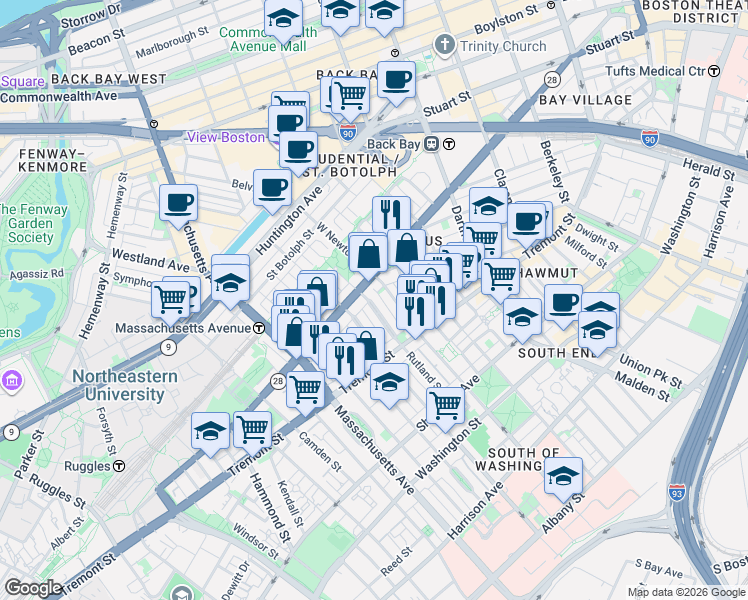 map of restaurants, bars, coffee shops, grocery stores, and more near 43 Public Alley 502 in Boston