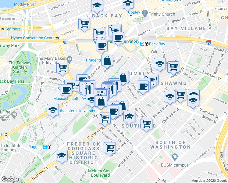map of restaurants, bars, coffee shops, grocery stores, and more near 525 A Columbus Avenue in Boston