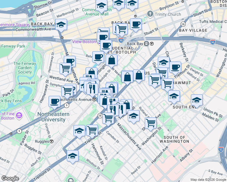 map of restaurants, bars, coffee shops, grocery stores, and more near 529 Columbus Avenue in Boston